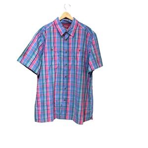 KingSize Mens XL Big Plaid Short  Sleeve Button Down Shirt Blue Pink Green